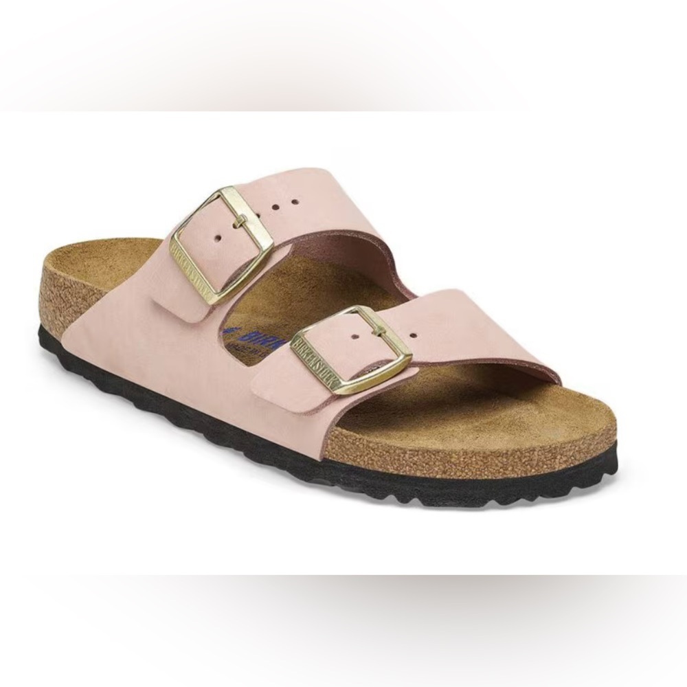 Sold | Birkenstock | Arizona Soft Pink Double Strap Sandals With Gold Buckles - Picture 3 of 11